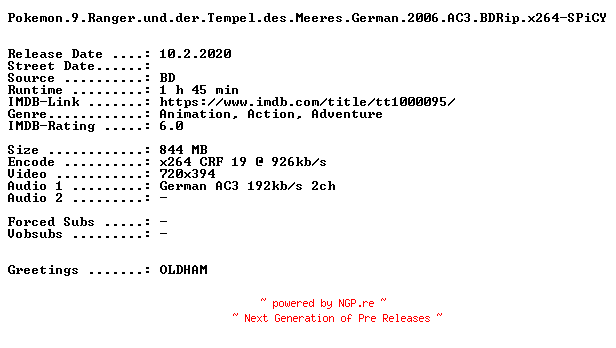 NFO for the release Pokemon.9.Ranger.und.der.Tempel.des.Meeres.German.2006.AC3.BDRip.x264-SPiCY by SPiCY