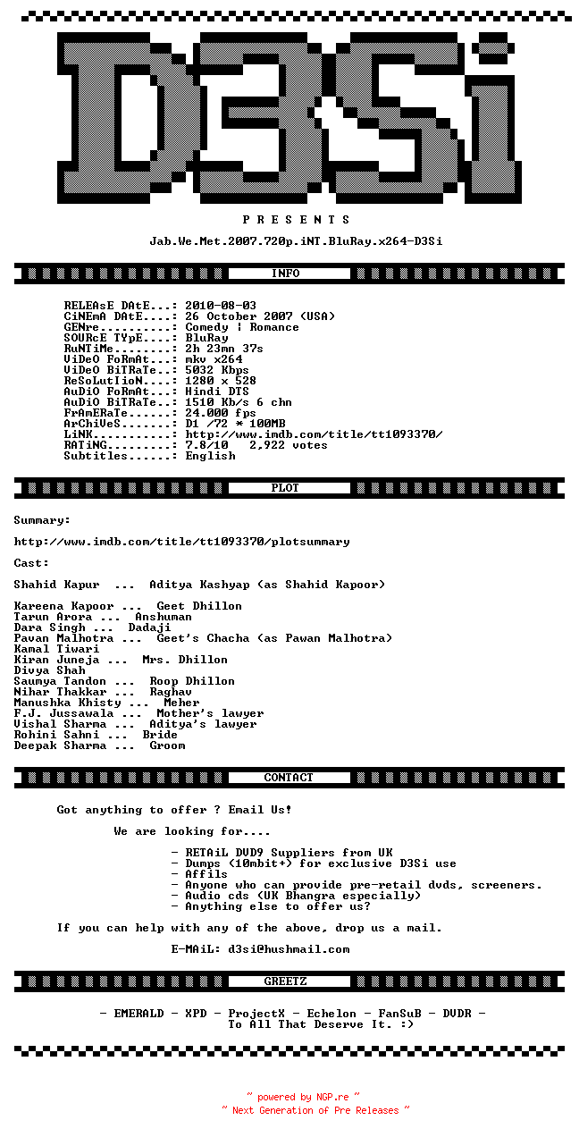 NFO for the release Jab.We.Met.2007.720p.iNT.BluRay.x264-D3Si by D3Si