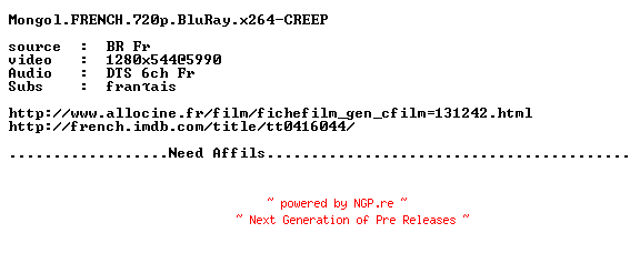 NFO for the release Mongol.FRENCH.720p.BluRay.x264-CREEP by CREEP