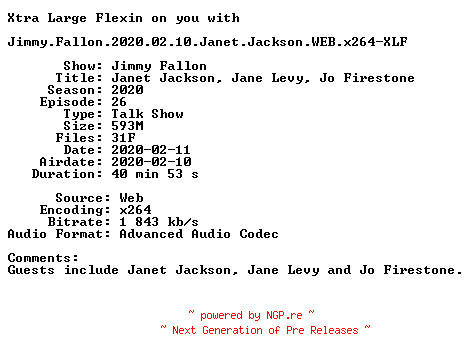 NFO for the release Jimmy.Fallon.2020.02.10.Janet.Jackson.WEB.x264-XLF by XLF