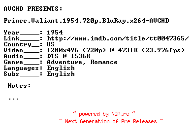 NFO for the release Prince.Valiant.1954.720p.BluRay.x264-AVCHD by AVCHD
