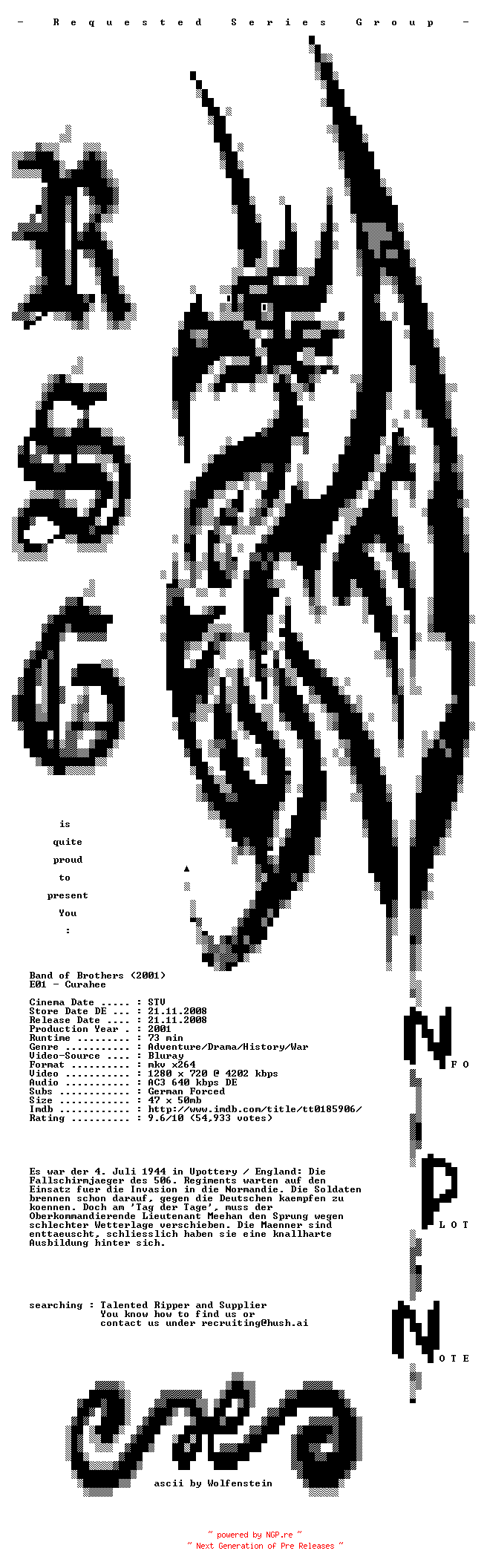 NFO for the release Band.of.Brothers.E01.Currahee.German.720p.BluRay.x264-RSG by RSG