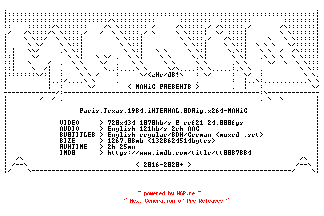 NFO for the release Paris.Texas.1984.iNTERNAL.BDRip.x264-MANiC by MANiC