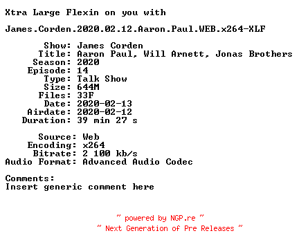 NFO for the release James.Corden.2020.02.12.Aaron.Paul.WEB.x264-XLF by XLF