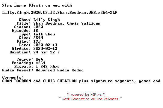 NFO for the release Lilly.Singh.2020.02.12.Shan.Boodram.WEB.x264-XLF by XLF