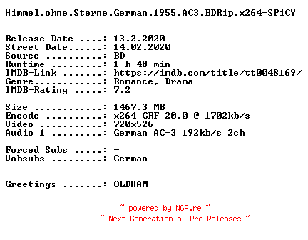 NFO for the release Himmel.ohne.Sterne.German.1955.AC3.BDRip.x264-SPiCY by SPiCY