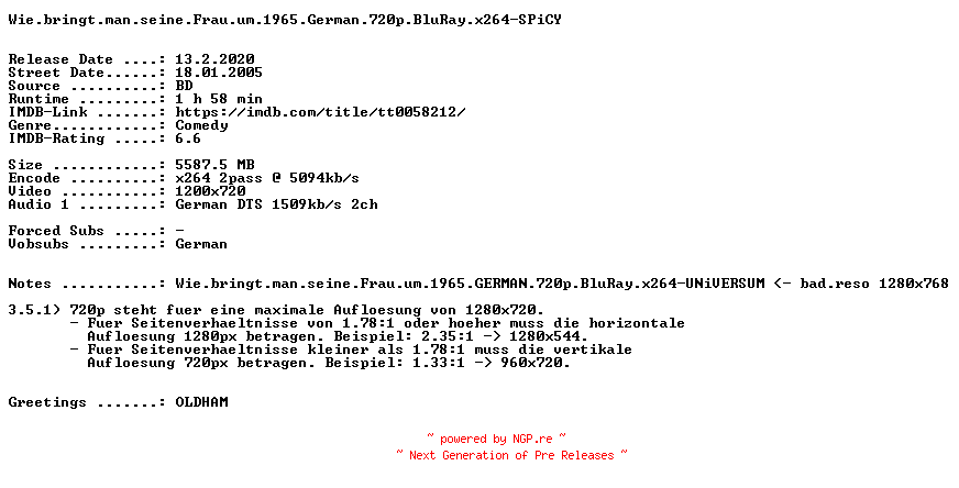 NFO for the release Wie.bringt.man.seine.Frau.um.1965.German.720p.BluRay.x264.PROPER-SPiCY by SPiCY