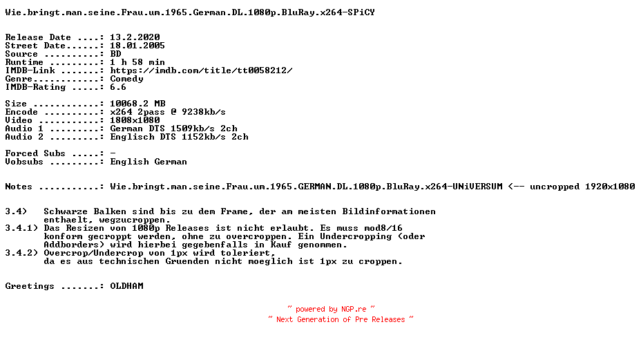 NFO for the release Wie.bringt.man.seine.Frau.um.1965.German.DL.1080p.BluRay.x264.PROPER-SPiCY by SPiCY