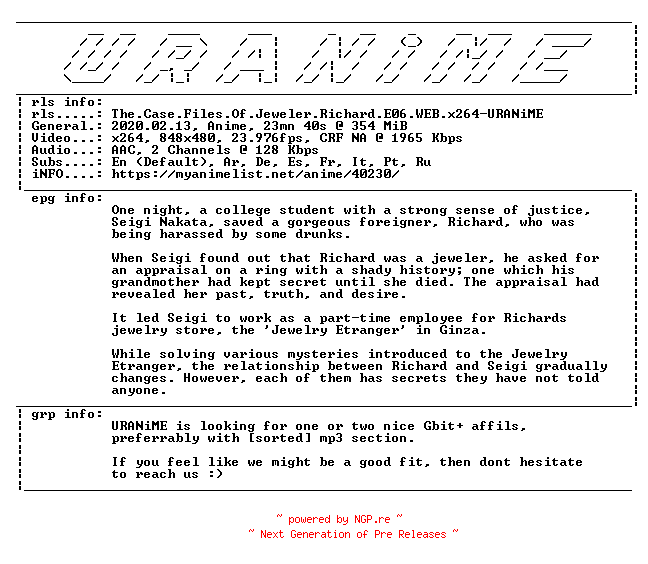NFO for the release The.Case.Files.Of.Jeweler.Richard.E06.WEB.x264-URANiME by URANiME