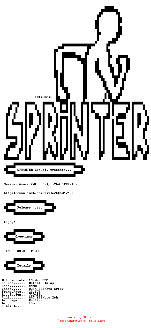 NFO for the release Greener.Grass.2015.BDRip.x264-SPRiNTER by SPRiNTER