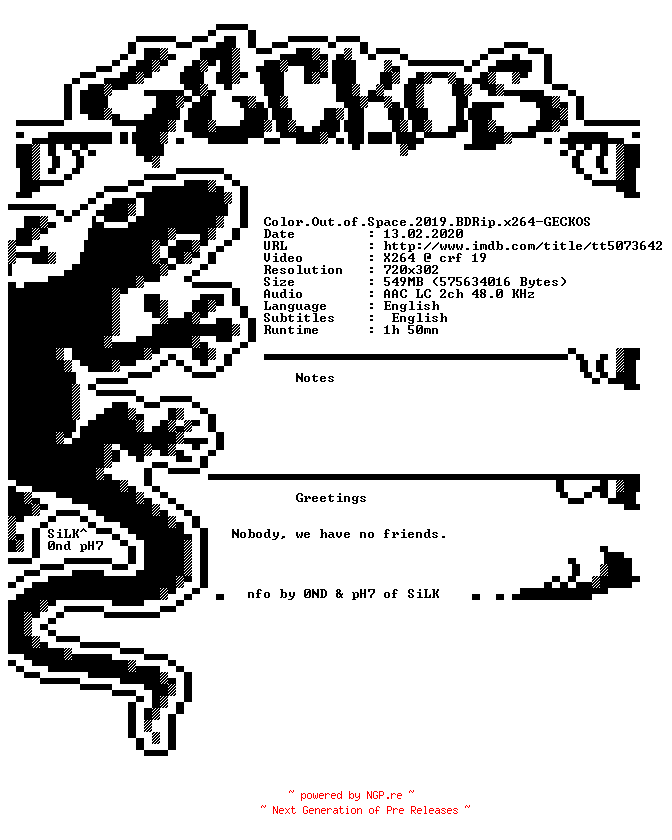 NFO for the release Color.Out.of.Space.2019.BDRip.x264-GECKOS by GECKOS