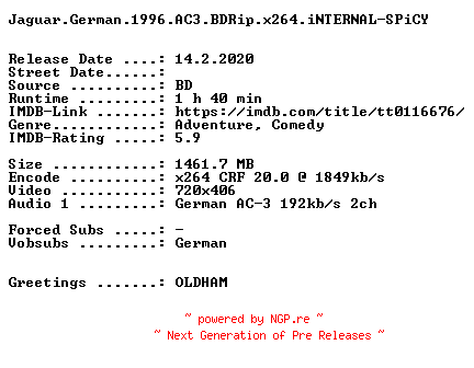 NFO for the release Jaguar.German.1996.AC3.BDRip.x264.iNTERNAL-SPiCY by SPiCY