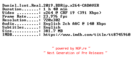 NFO for the release Daniel.Isnt.Real.2019.BDRip.x264-CADAVER by CADAVER