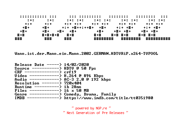 NFO for the release Wann.ist.der.Mann.ein.Mann.2002.GERMAN.HDTVRiP.x264-TVPOOL by TVPOOL
