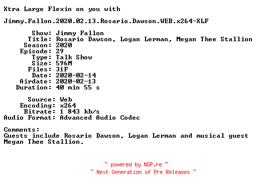 NFO for the release Jimmy.Fallon.2020.02.13.Rosario.Dawson.WEB.x264-XLF by XLF