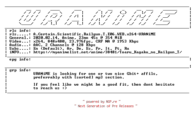 NFO for the release A.Certain.Scientific.Railgun.T.E06.WEB.x264-URANiME by URANiME