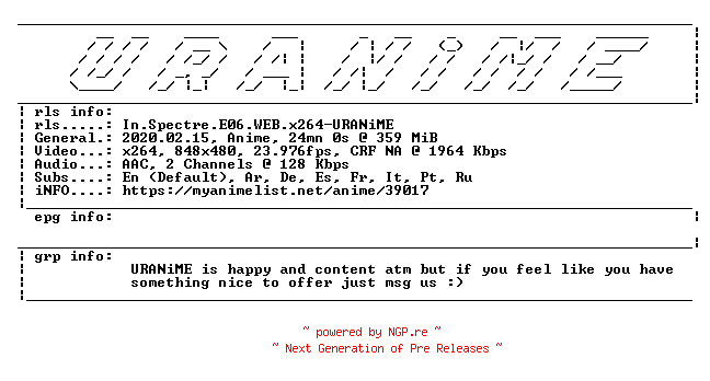 NFO for the release In.Spectre.E06.WEB.x264-URANiME by URANiME