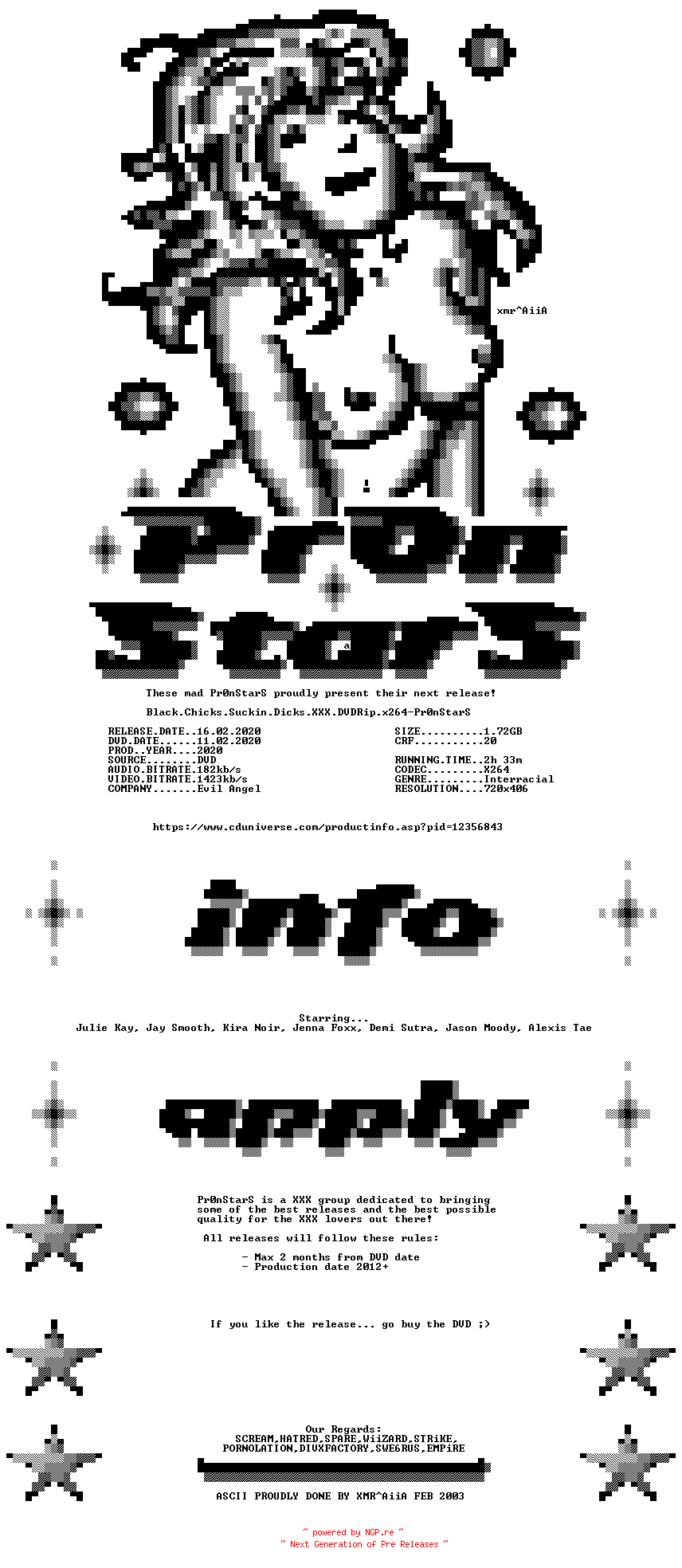NFO for the release Black.Chicks.Suckin.Dicks.XXX.DVDRip.x264-Pr0nStarS by Pr0nStarS