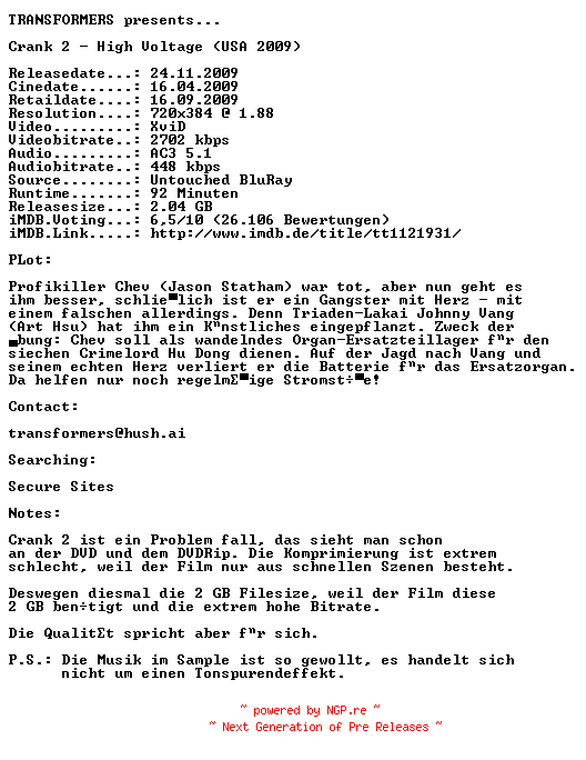 NFO for the release Crank.2.High.Voltage.German.AC3.BDRip.XviD-TRANSFORMERS by TRANSFORMERS
