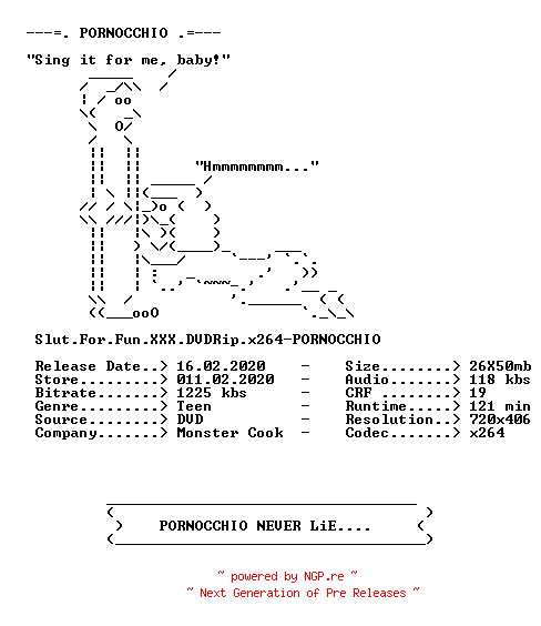 NFO for the release Slut.For.Fun.XXX.DVDRip.x264-PORNOCCHIO by PORNOCCHIO