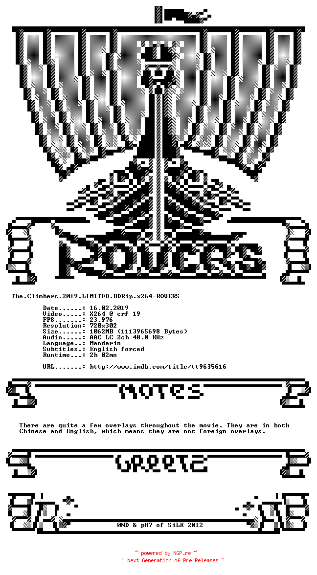 NFO for the release The.Climbers.2019.LIMITED.BDRip.x264-ROVERS by ROVERS