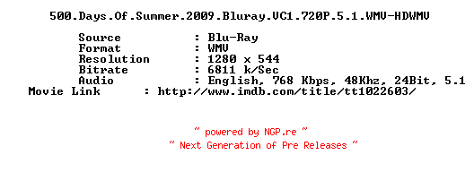 NFO for the release 500.Days.Of.Summer.2009.Bluray.VC1.720P.5.1.WMV-HDWMV by HDWMV
