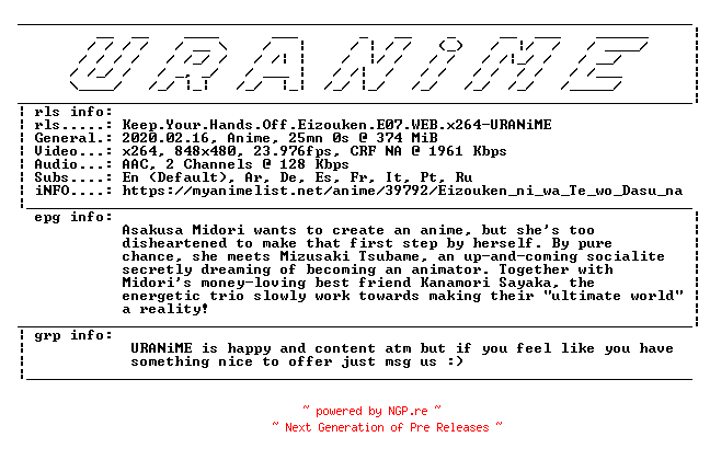 NFO for the release Keep.Your.Hands.Off.Eizouken.E07.WEB.x264-URANiME by URANiME