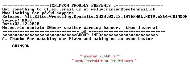 NFO for the release All.Elite.Wrestling.Dynamite.2020.02.12.iNTERNAL.HDTV.x264-CRiMSON by CRiMSON