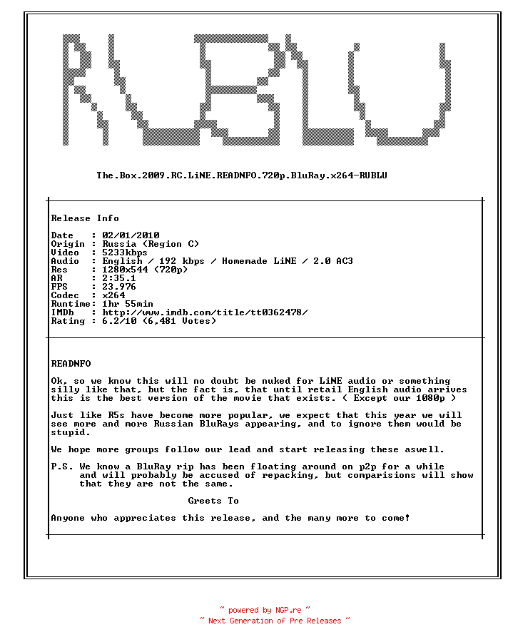 NFO for the release The.Box.2009.RC.LiNE.READNFO.720p.BluRay.x264-RUBLU by RUBLU