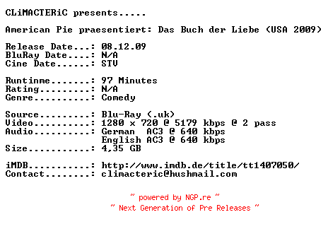 NFO for the release American.Pie.praesentiert.Das.Buch.der.Liebe.German.720p.BluRay.x264-CLiMACTERiC by CLiMACTERiC