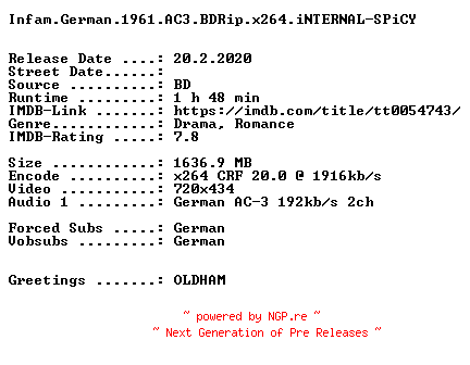 NFO for the release Infam.German.1961.AC3.BDRip.x264.iNTERNAL-SPiCY by SPiCY