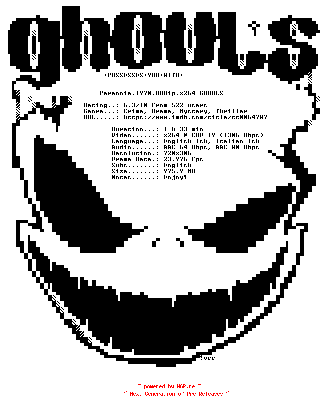 NFO for the release Paranoia.1970.BDRip.x264-GHOULS by GHOULS