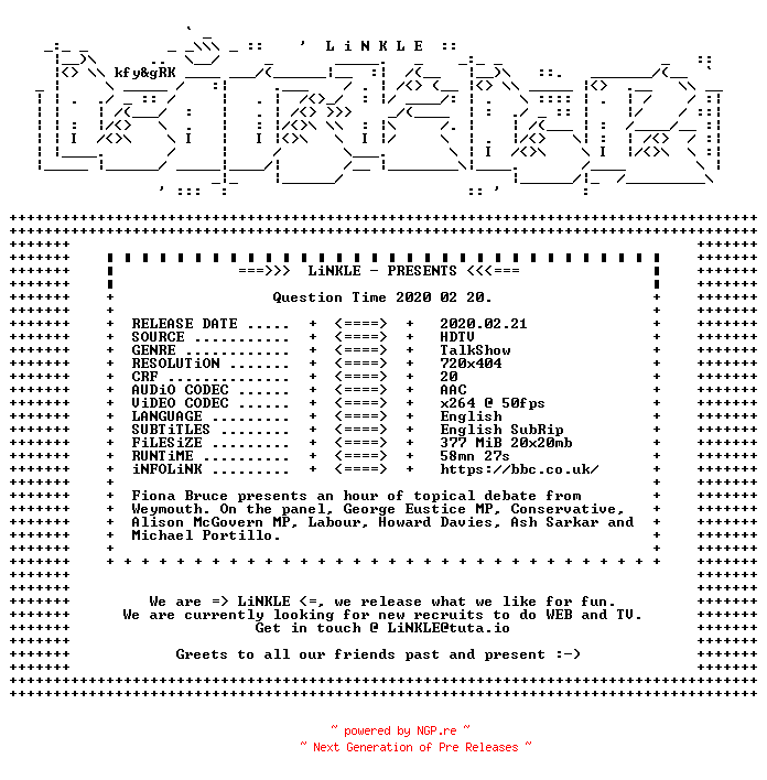 NFO for the release Question.Time.2020.02.20.HDTV.x264-LiNKLE by LiNKLE