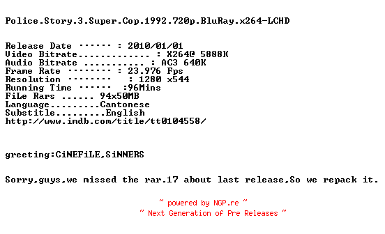 NFO for the release Police.Story.3.Super.Cop.1992.REPACK.720p.BluRay.x264-LCHD by LCHD