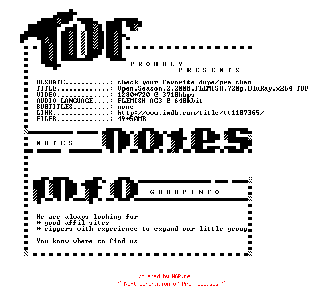 NFO for the release Open.Season.2.2008.FLEMISH.720p.BluRay.x264-TDF by TDF