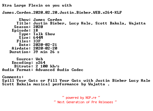 NFO for the release James.Corden.2020.02.20.Justin.Bieber.WEB.x264-XLF by XLF