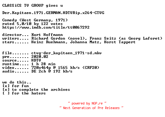 NFO for the release Der.Kapitaen.1971.GERMAN.HDTVRip.x264-CTVG by CTVG