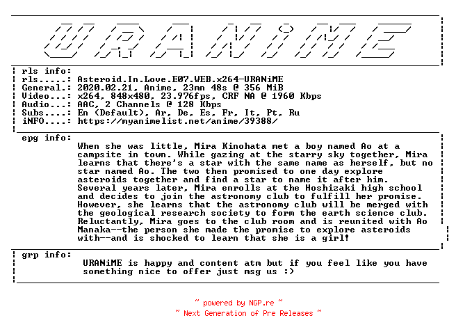 NFO for the release Asteroid.In.Love.E07.WEB.x264-URANiME by URANiME