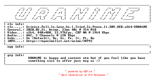 NFO for the release Science.Fell.In.Love.So.I.Tried.To.Prove.It.E09.WEB.x264-URANiME by URANiME