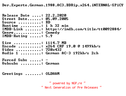 NFO for the release Der.Experte.German.1988.AC3.BDRip.x264.iNTERNAL-SPiCY by SPiCY