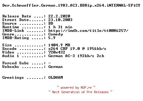 NFO for the release Der.Schnueffler.German.1983.AC3.BDRip.x264.iNTERNAL-SPiCY by SPiCY