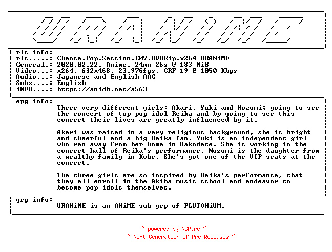 NFO for the release Chance.Pop.Session.E09.DVDRip.x264-URANiME by URANiME