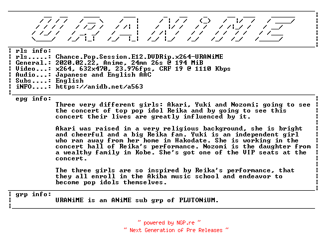 NFO for the release Chance.Pop.Session.E12.DVDRip.x264-URANiME by URANiME