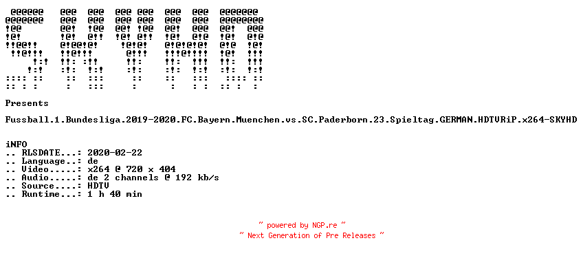 NFO for the release Fussball.1.Bundesliga.2019-2020.FC.Bayern.Muenchen.vs.SC.Paderborn.23.Spieltag.GERMAN.HDTVRiP.x264-SKYHD by SKYHD