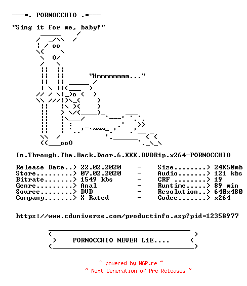 NFO for the release In.Through.The.Back.Door.6.XXX.DVDRip.x264-PORNOCCHIO by PORNOCCHIO