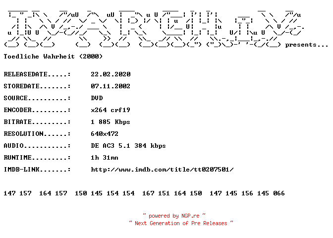 NFO for the release Toedliche.Wahrheit.2000.German.DVDRip.x264.iNTERNAL-TVARCHiV by TVARCHiV