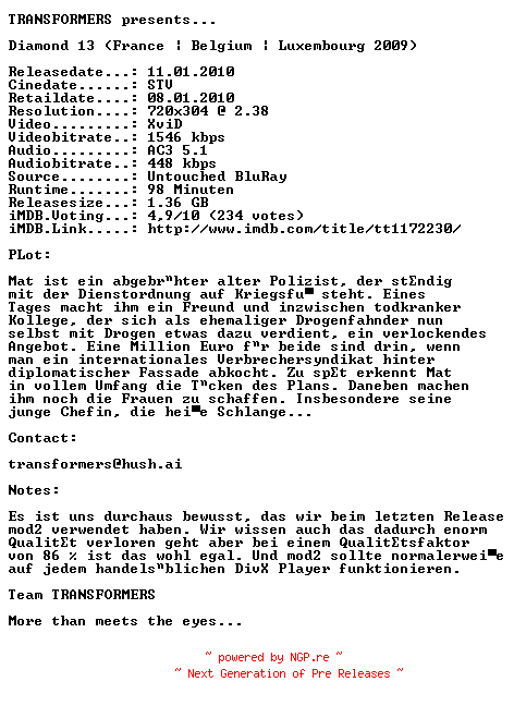 NFO for the release Diamond.13.German.AC3.BDRip.XviD-TRANSFORMERS by TRANSFORMERS