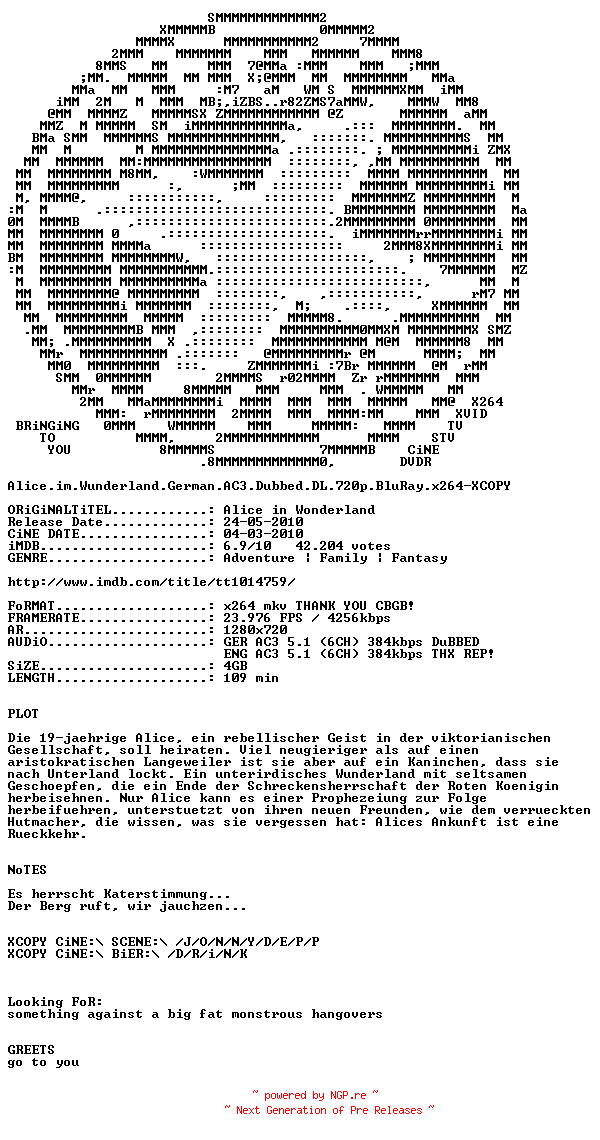 NFO for the release Alice.im.Wunderland.German.AC3.Dubbed.DL.720p.BluRay.x264-XCOPY by XCOPY
