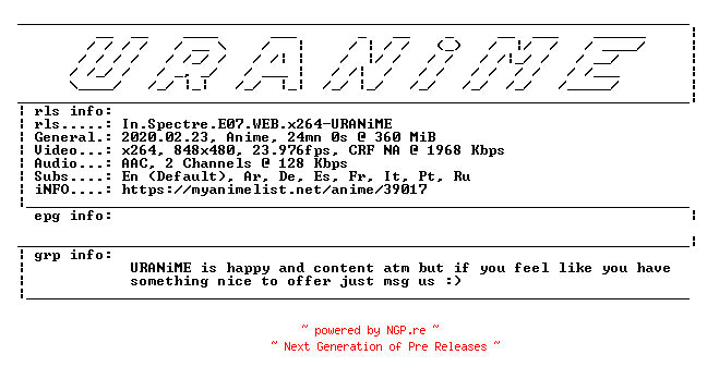 NFO for the release In.Spectre.E07.WEB.x264-URANiME by URANiME