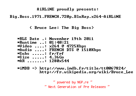 NFO for the release Big.Boss.1971.FRENCH.720p.BluRay.x264-AiRLiNE by AiRLiNE